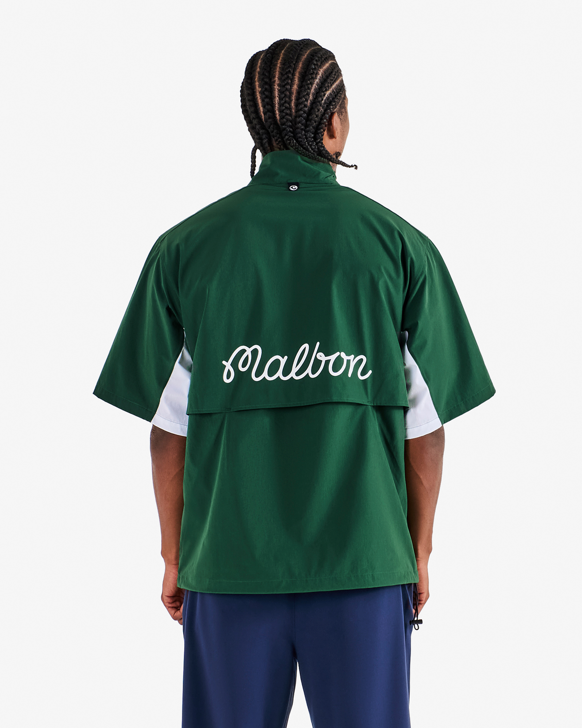 Malbon Golf Pine Windshirt forest, back with printed Malbon script and vent