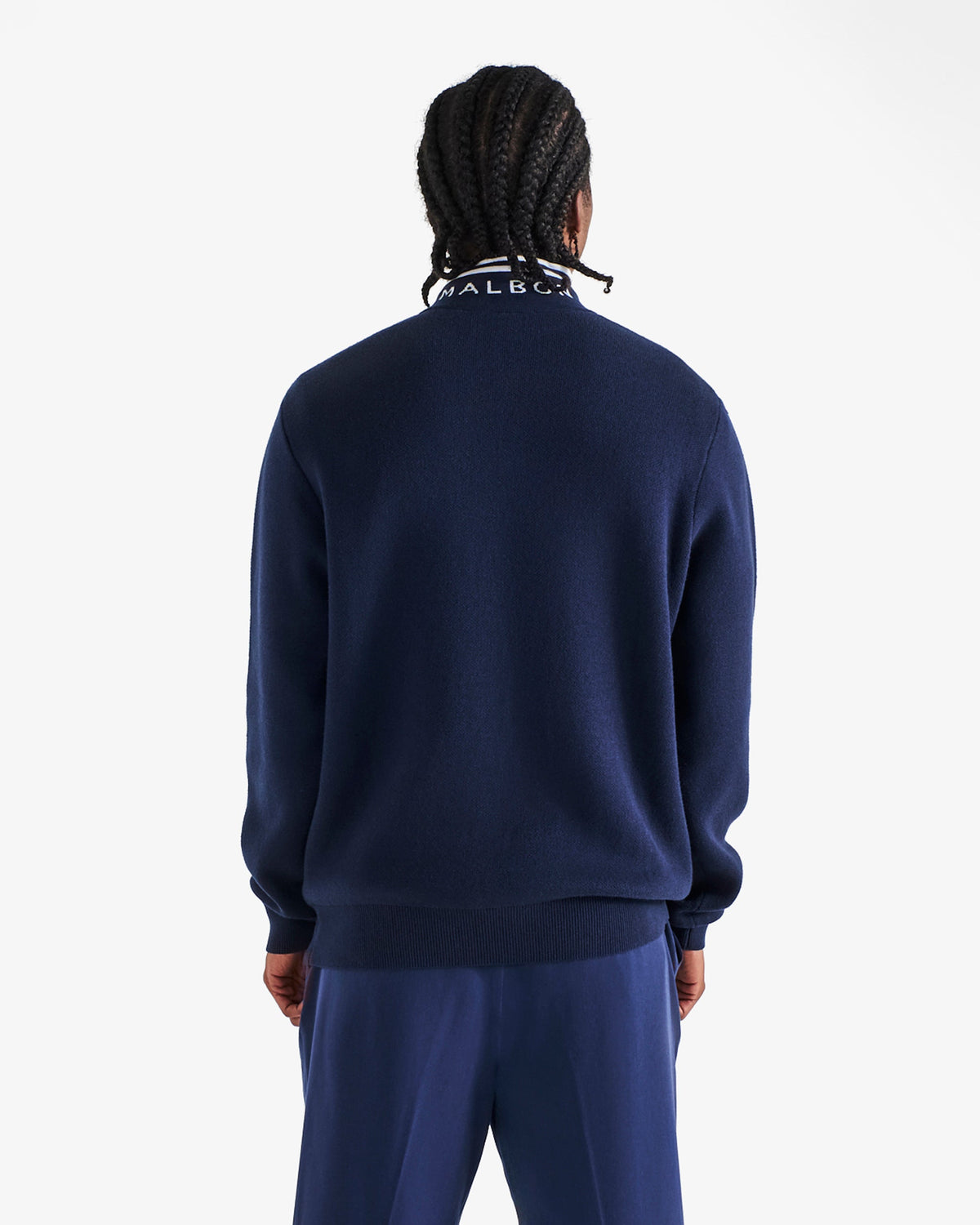 Malbon Golf Sorrel Sweater navy, intarsia Malbon on back of collar