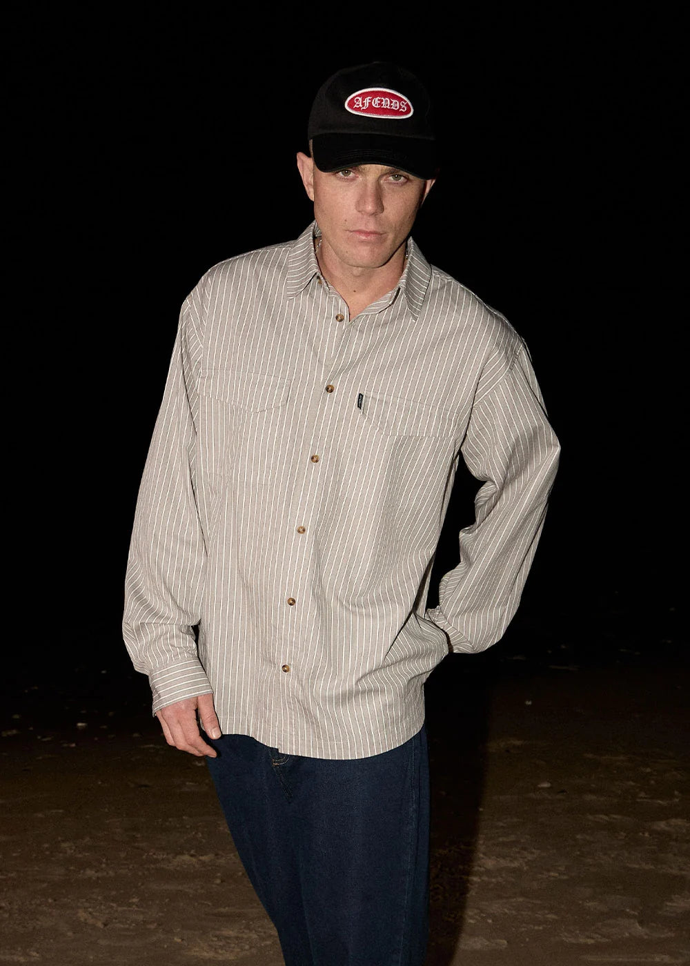 Afends Lennox Organic Oversized Long Sleeve Shirt – Olive Stripe