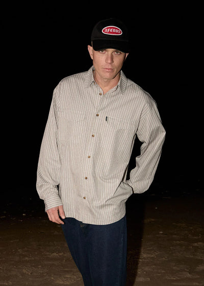 Afends Lennox Organic Oversized Long Sleeve Shirt – Olive Stripe