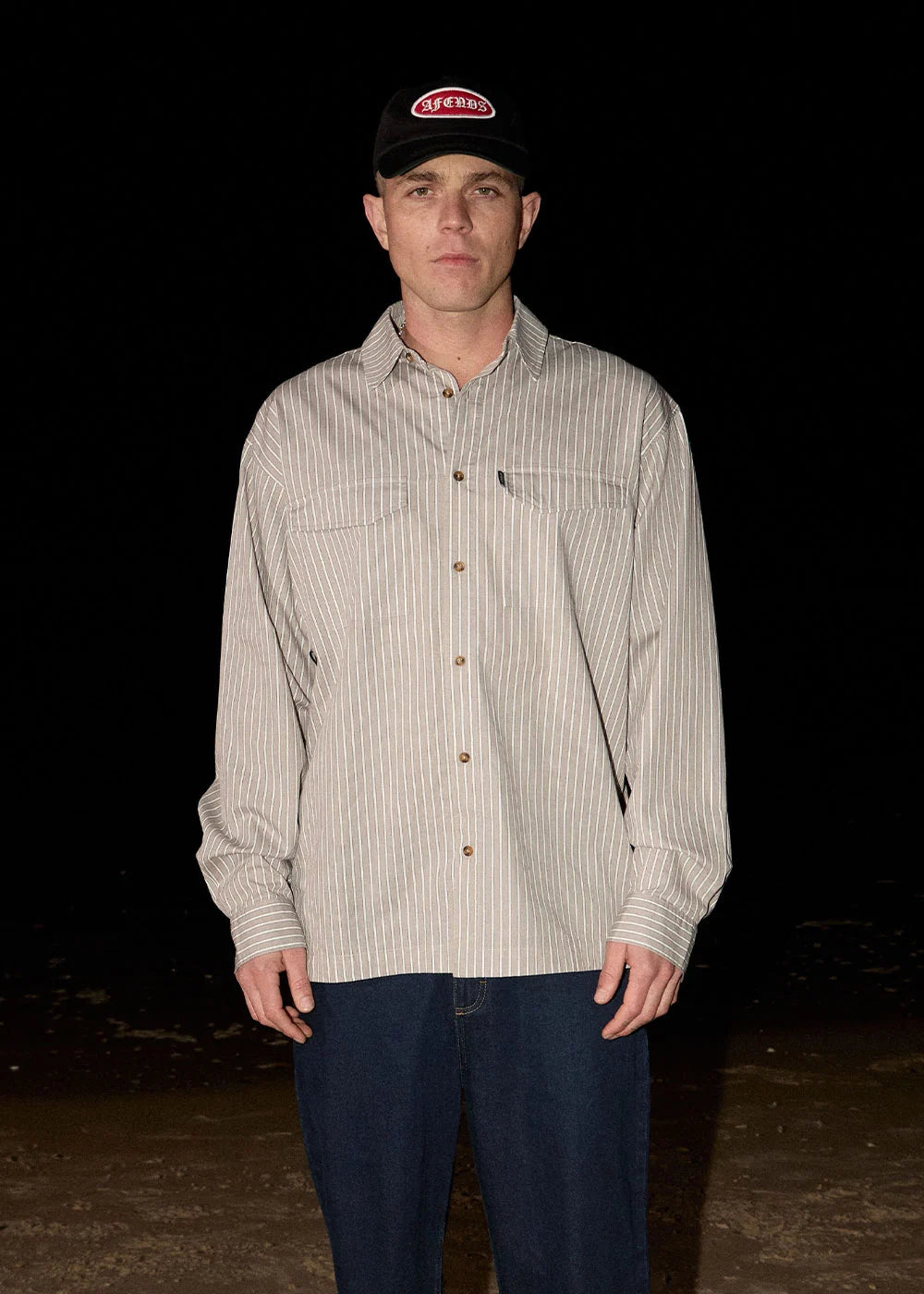 Afends Lennox Organic Oversized Long Sleeve Shirt – Olive Stripe