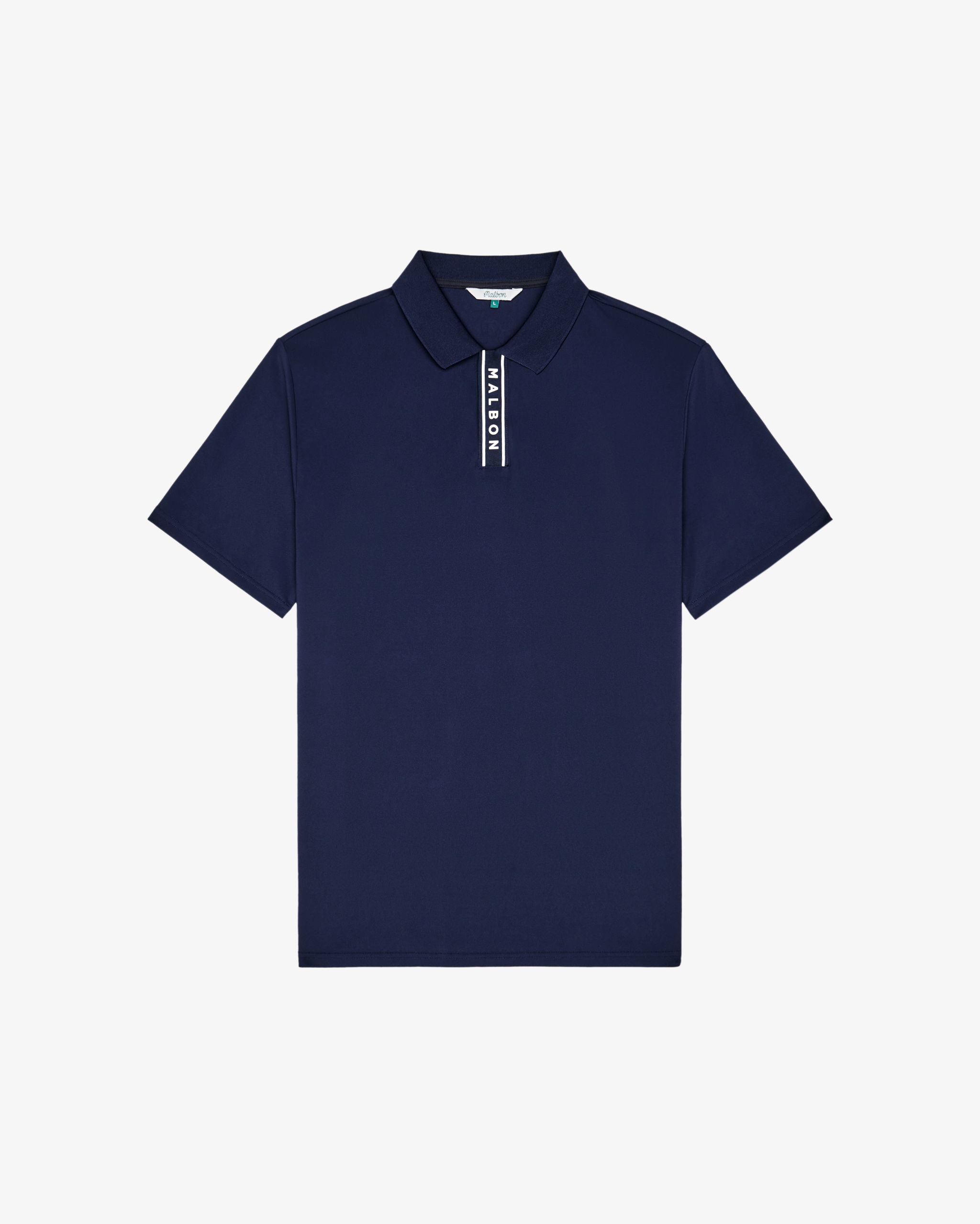 Malbon Golf Block Placket Polo in Navy – front view of the piqué golf polo with covered placket