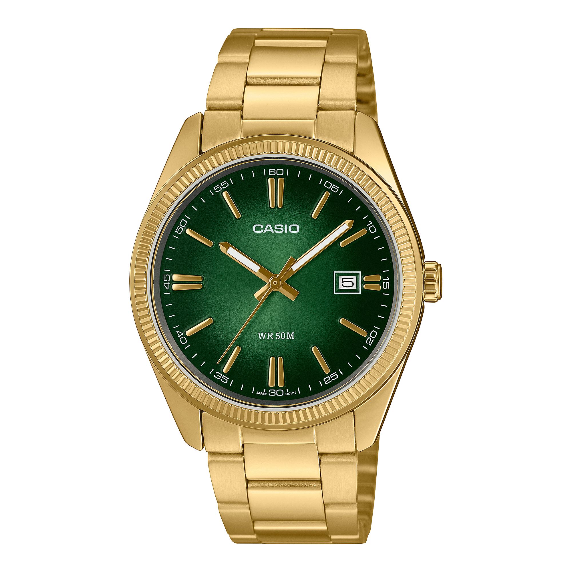Casio MTP-1302PGC-3AV gold tone analog watch with green sunburst dial, front view