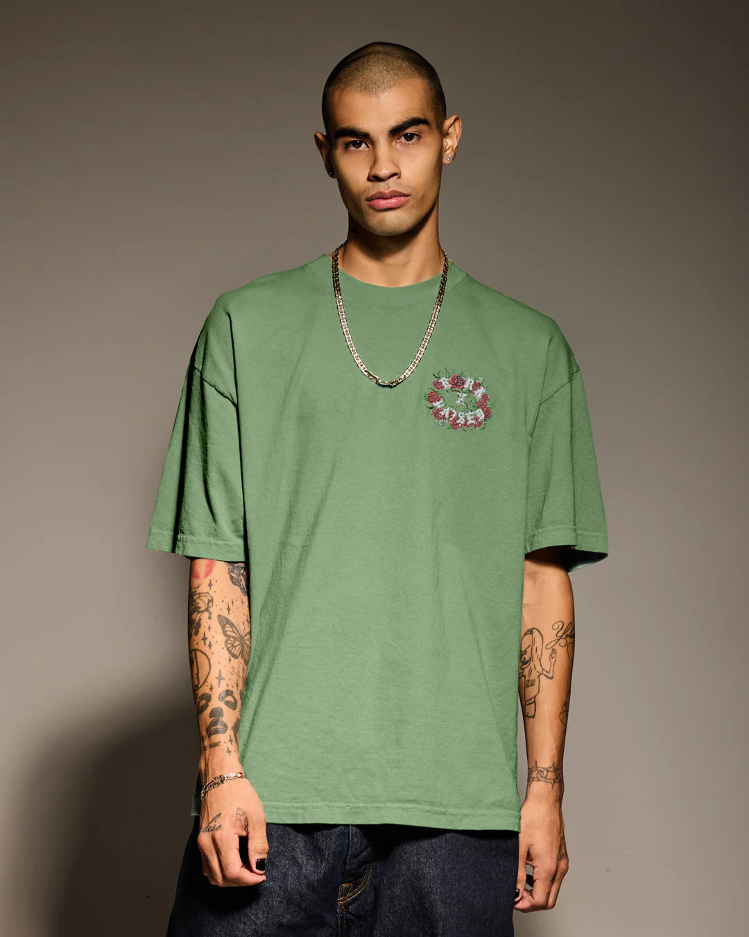 Born X Raised Roses Rocker Tee - Sage