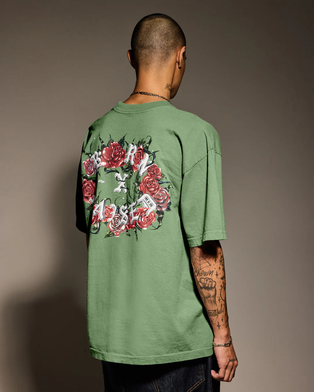 Born X Raised Roses Rocker Tee - Sage