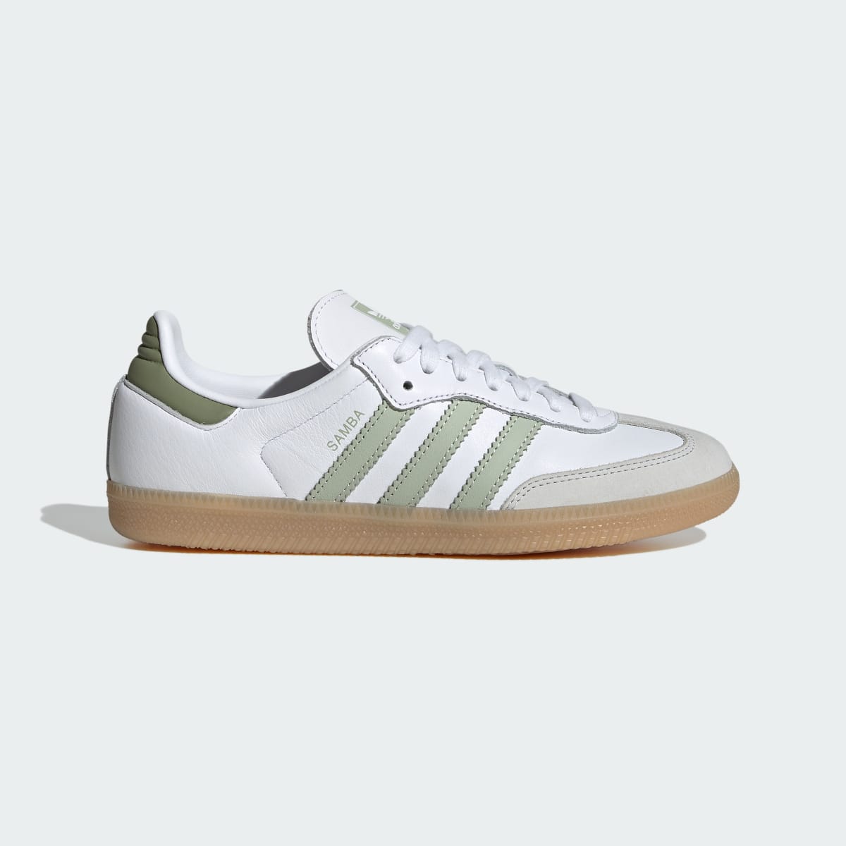 Adidas Women's Samba OG in Cloud White with Halo Green sage stripes and gum sole, side profile