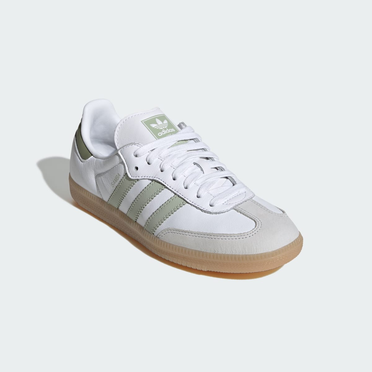 Adidas Women's Samba OG Cloud White Halo Green heel with Tent Green tab