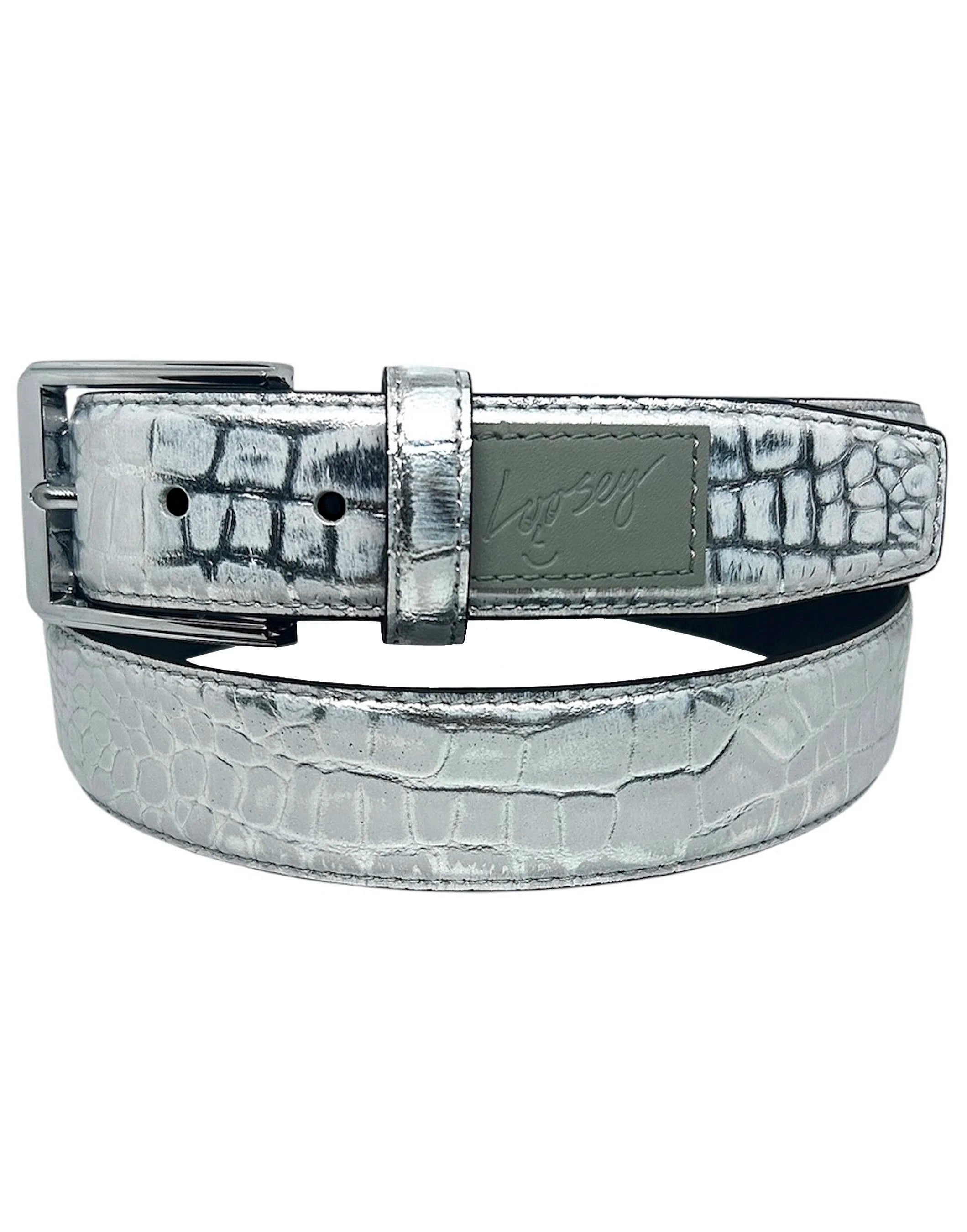 Loosey Premium Croc Belt in Silver, croc-embossed leather with polished buckle