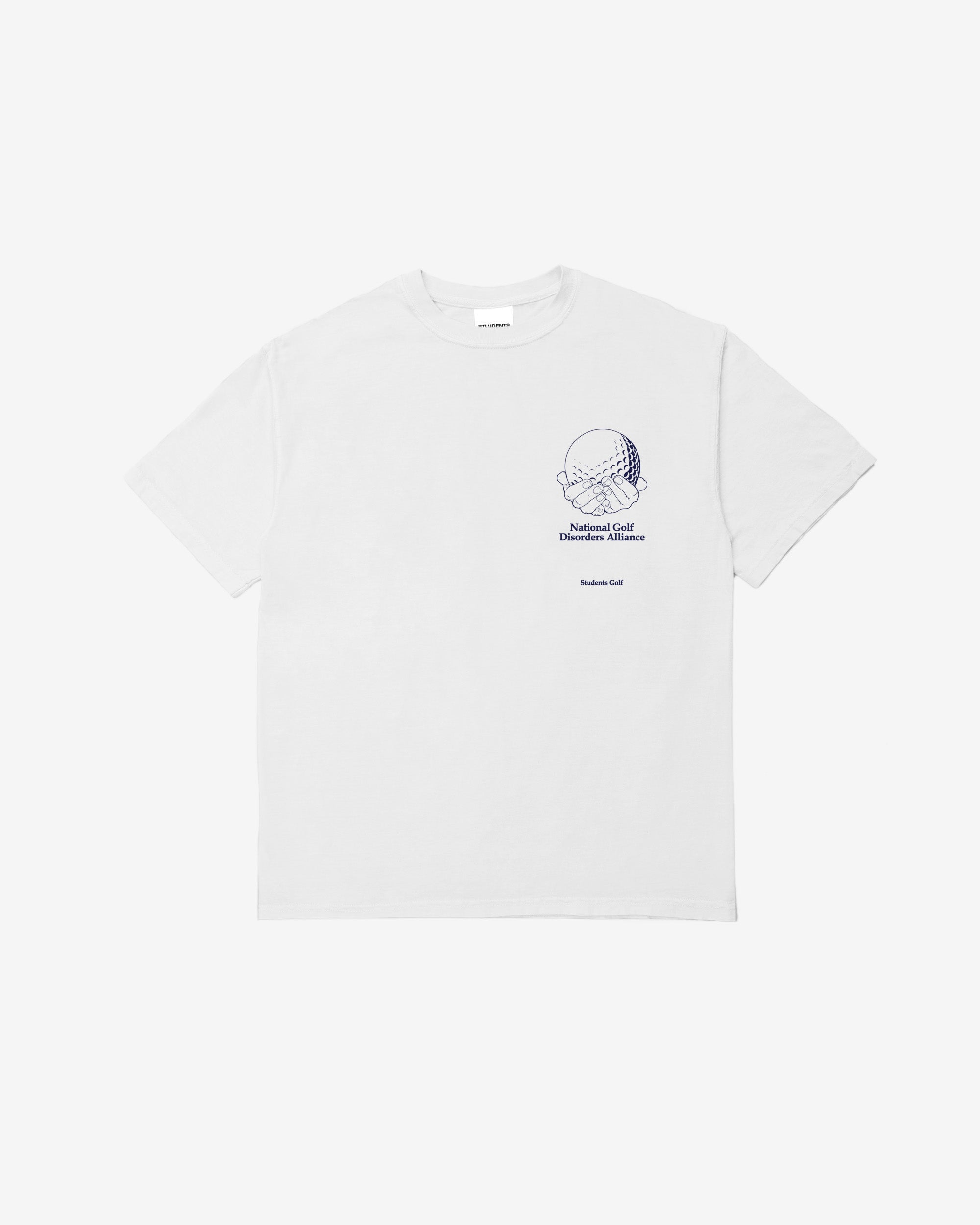 Students Golf National Golf Disorders S/S T-Shirt in white, front flat lay with circular left chest badge