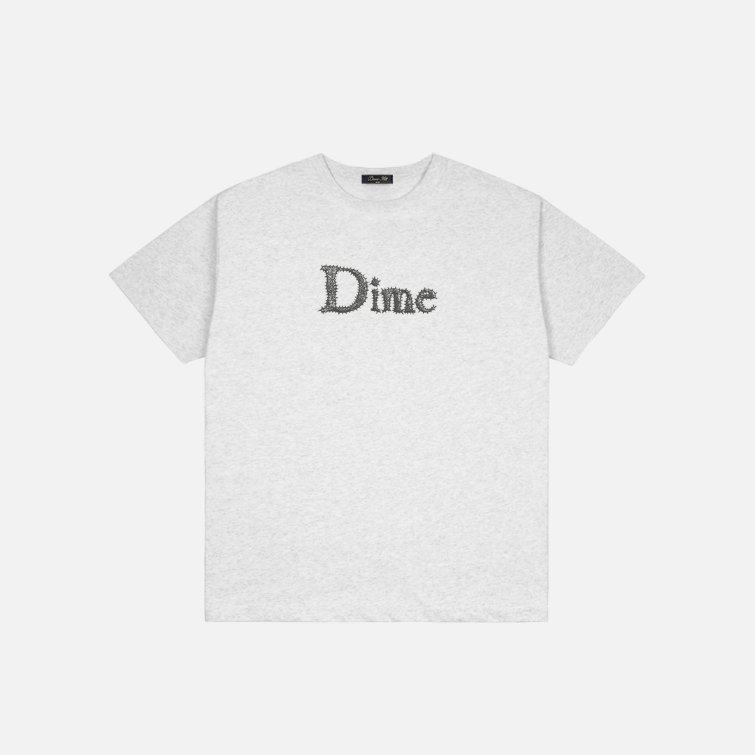 Dime MTL Classic Spiked T-Shirt in Ash grey, front view with printed spiked logo