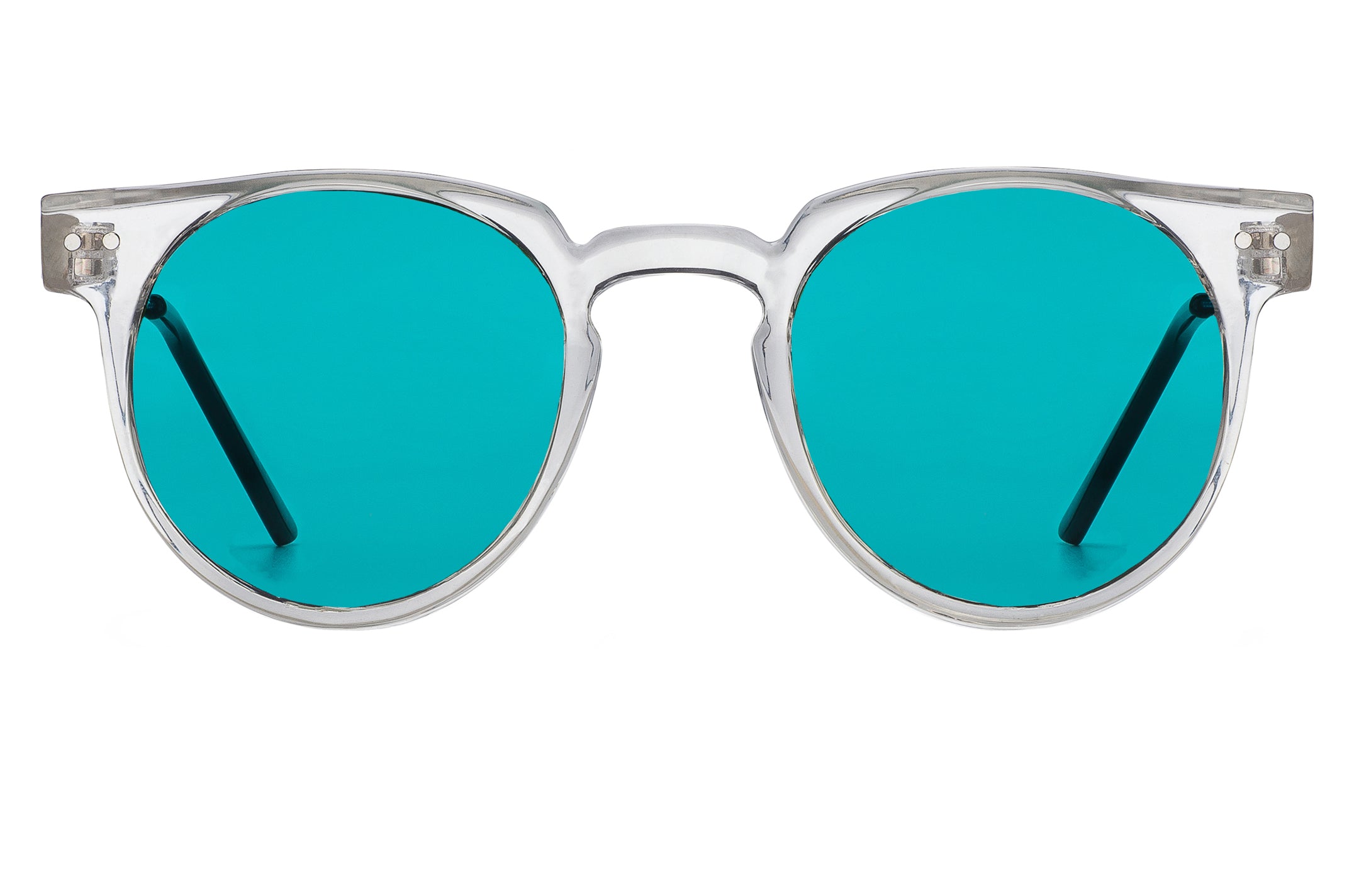 Spitfire Teddy Boy glasses in clear acetate with turquoise lenses, front view