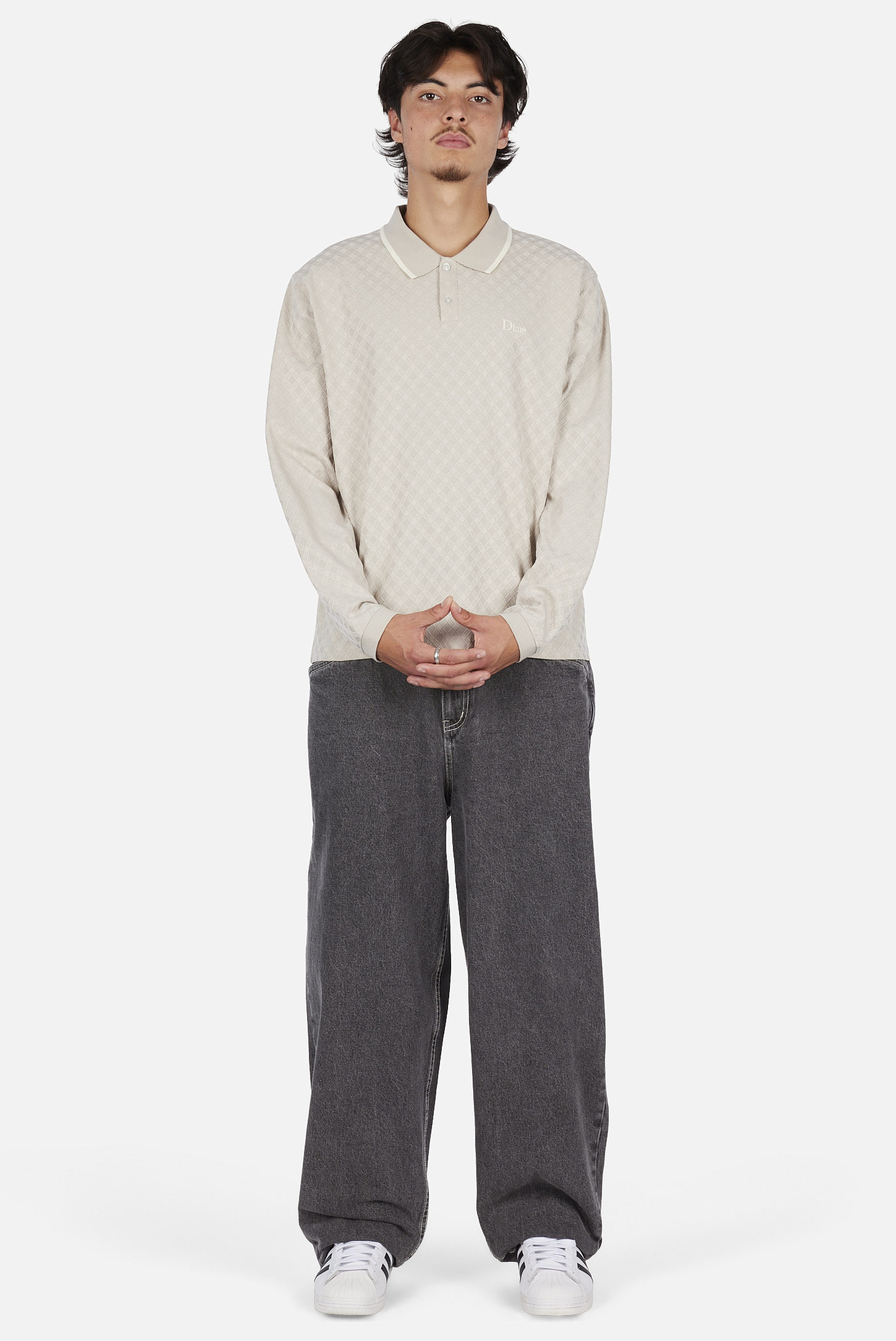 Dime MTL Jacquard LS Polo Beige — worn by model