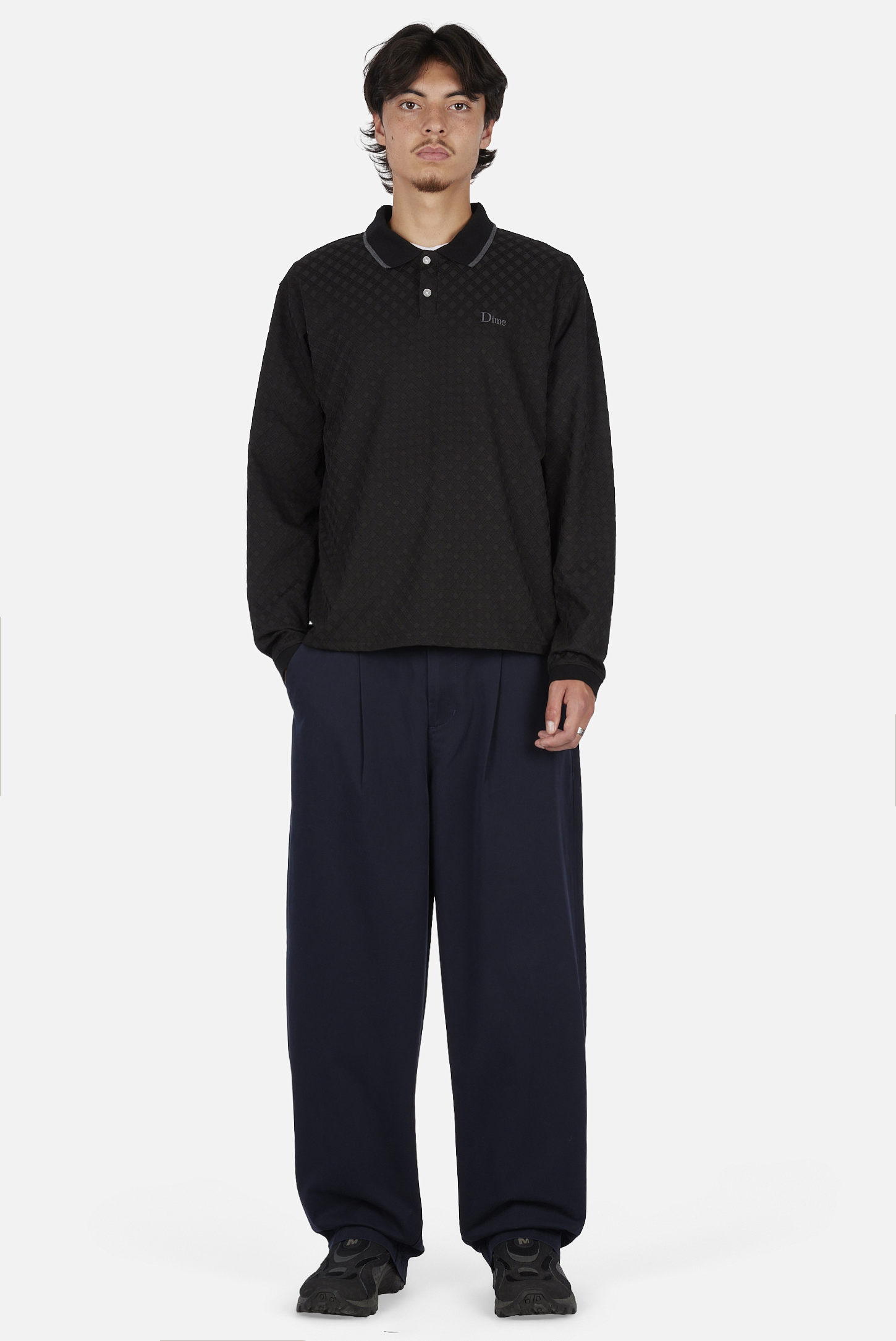 Dime MTL Jacquard LS Polo Black — worn by model