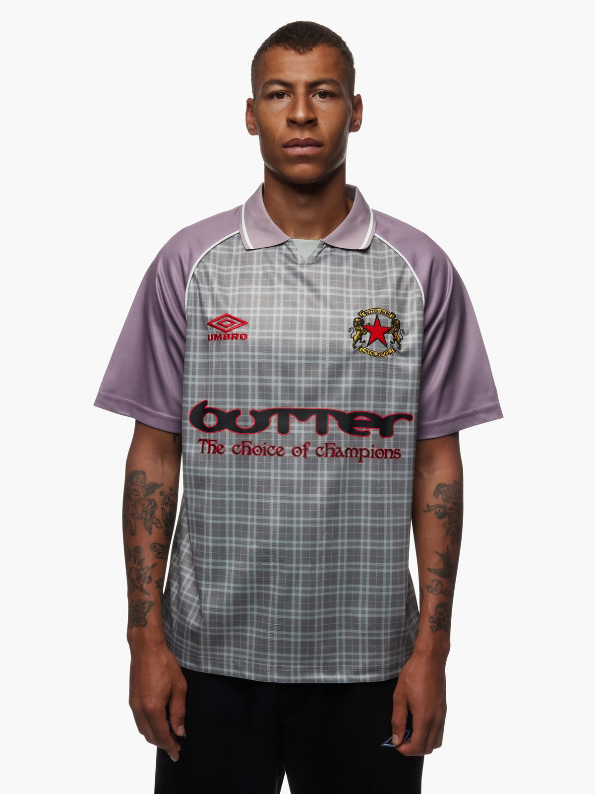 Butter Goods x Umbro Plaid Jersey Navy / Slate — worn by model