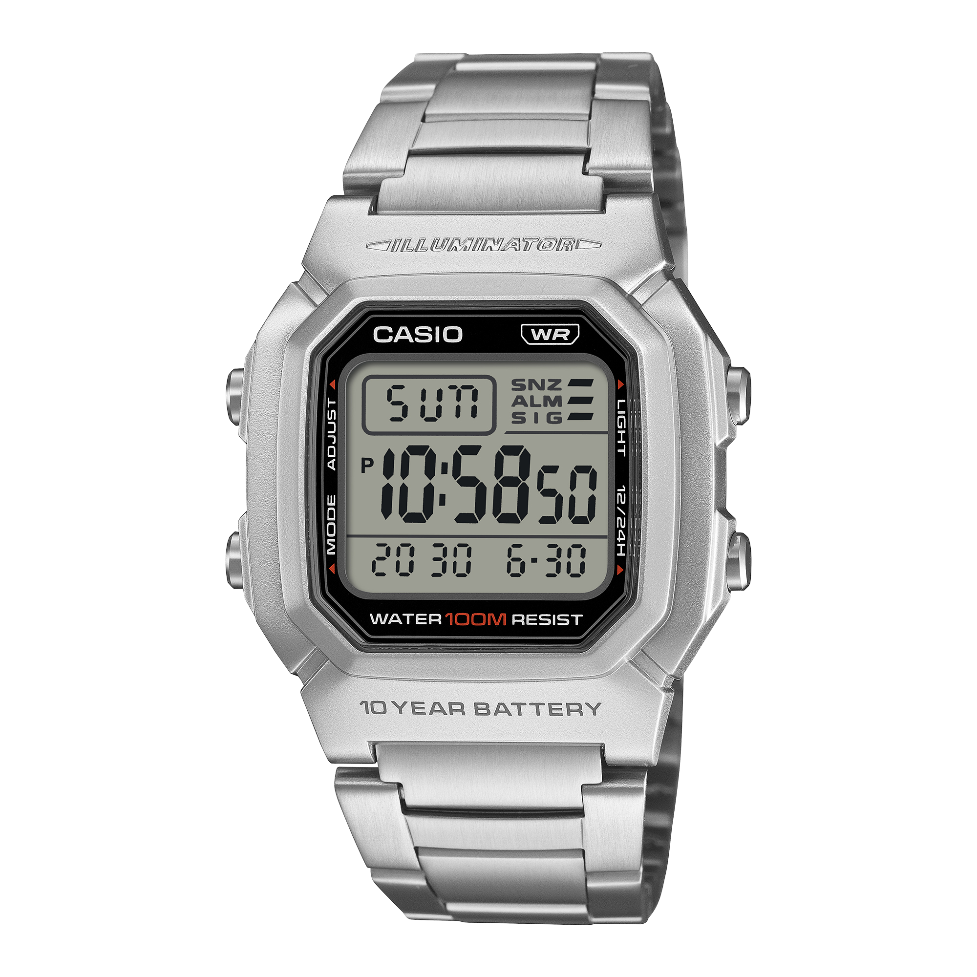Casio W800HD-1AV silver sport digital watch with stainless steel bracelet, front view