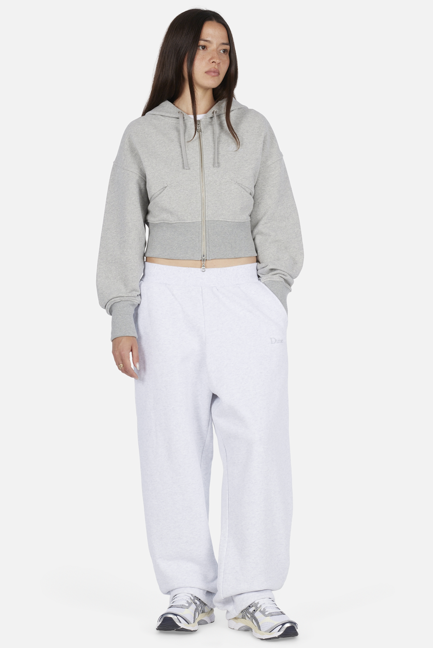 Dime MTL Cropped Zip Hoodie Heather Gray — worn by model