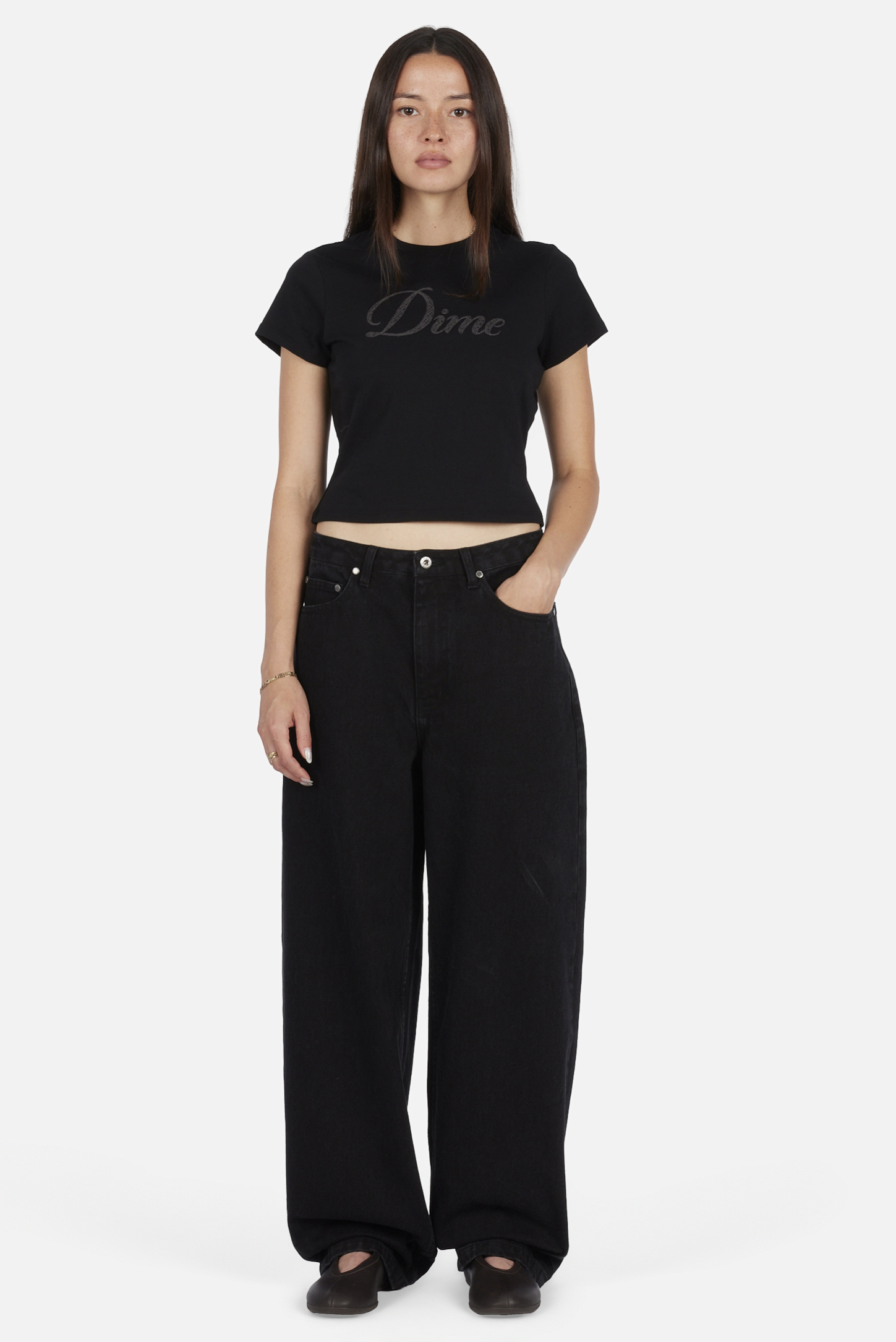Dime MTL Cursive Crochet Tee Black — worn by model