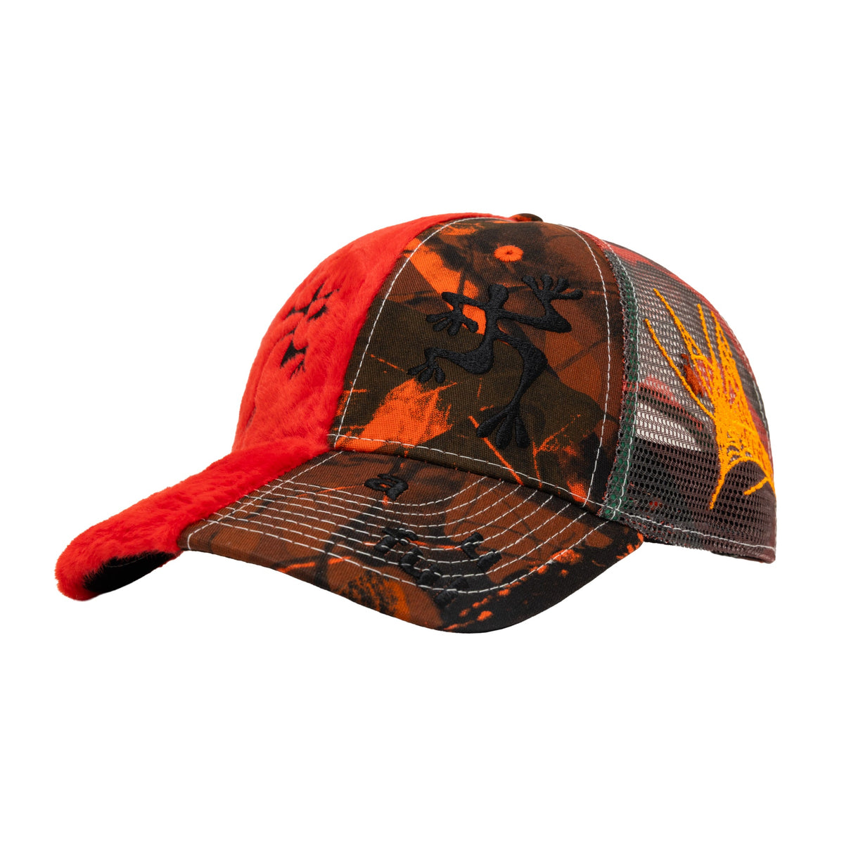 b.Eautiful Biyu Hat in red plush and fire camo, front — Gallery Streetwear Canada