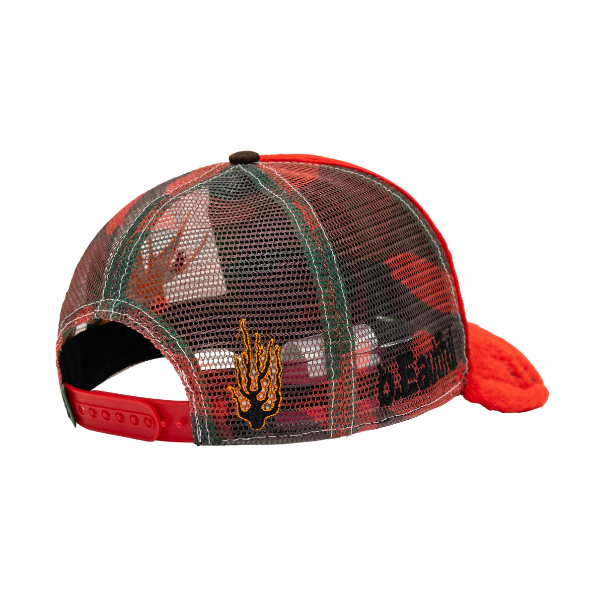 b.Eautiful Biyu Hat red plush fire camo, back detail