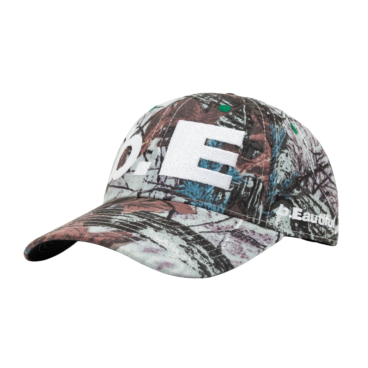 b.Eautiful b.E Hat in stone blue real camo and white, front — Gallery Streetwear Canada