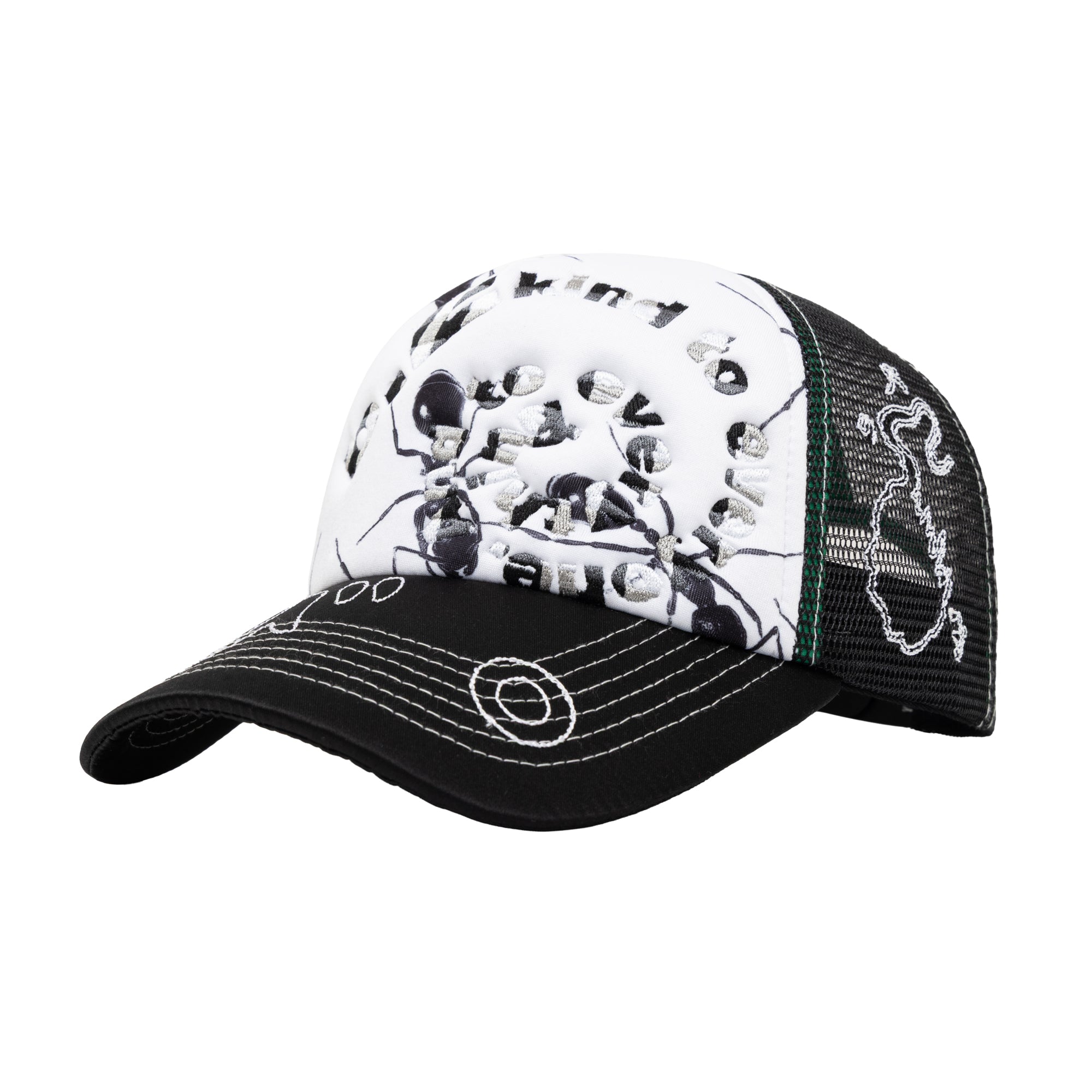b.Eautiful Bi Foam Trucker Hat in black satin with ants graphic, front — Gallery Streetwear Canada