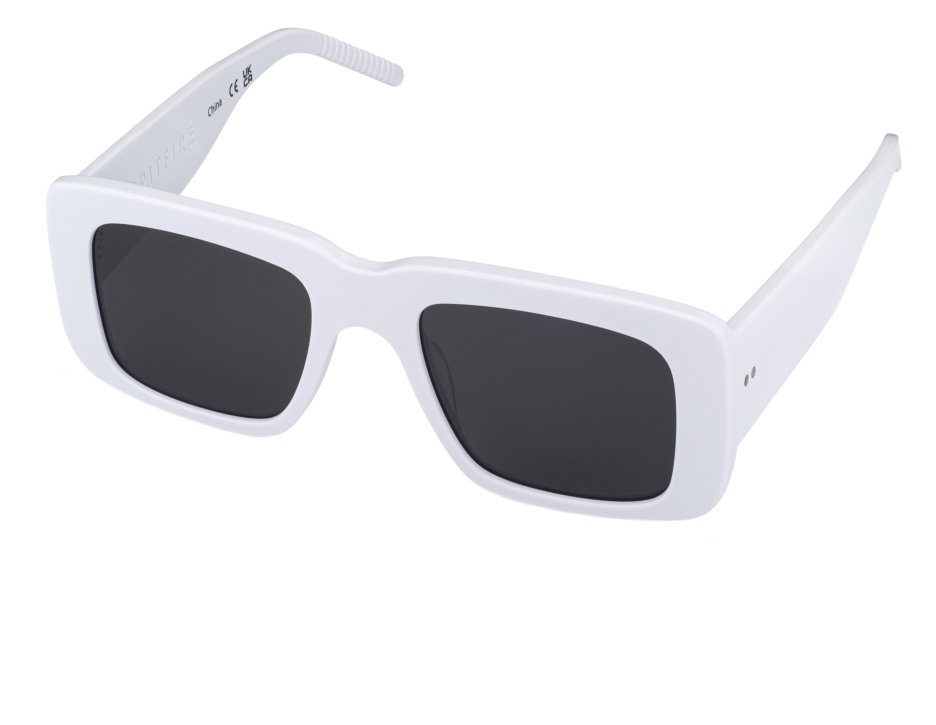 Spitfire Cut Seventy white/black sunglasses, side profile showing acetate arm