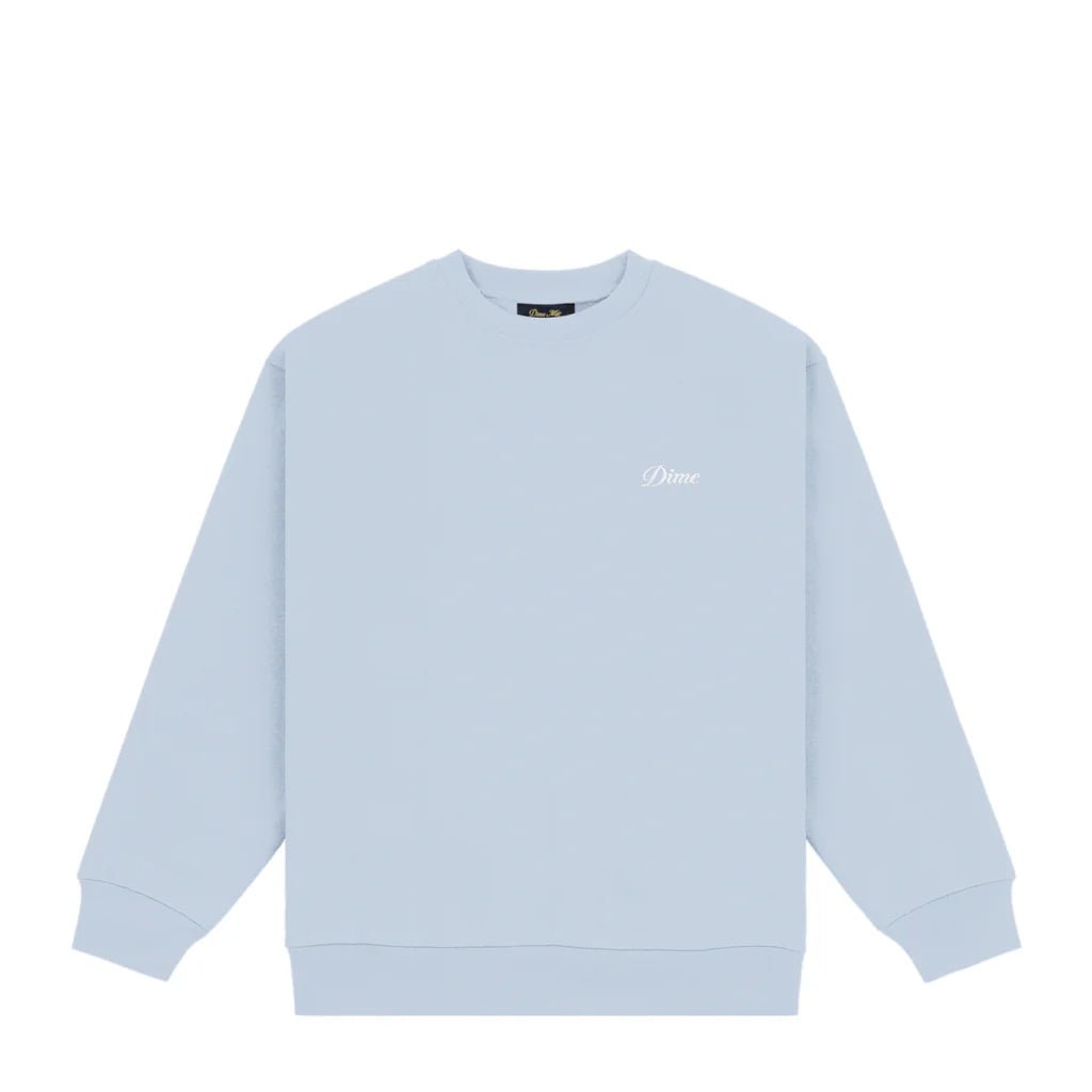 Dime MTL Cursive Small Logo Crewneck – Blue Fog Heavyweight Skate Sweatshirt - Gallery Streetwear