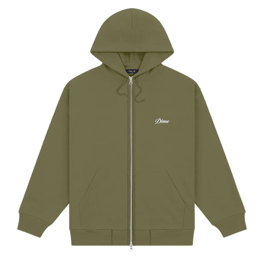 Dime MTL | Cursive Zip Hoodie Dark Olive - front