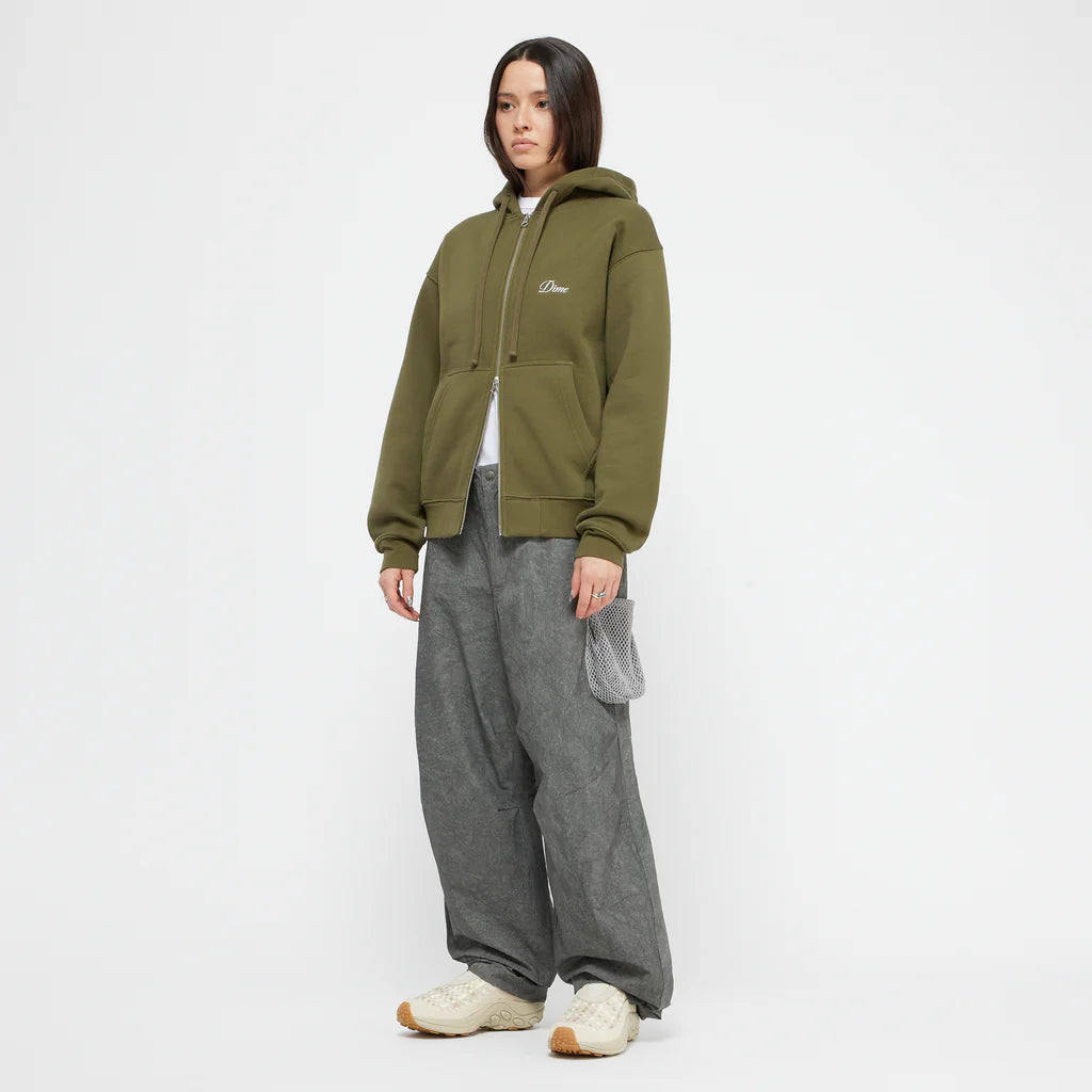Dime MTL | Cursive Zip Hoodie Dark Olive - model
