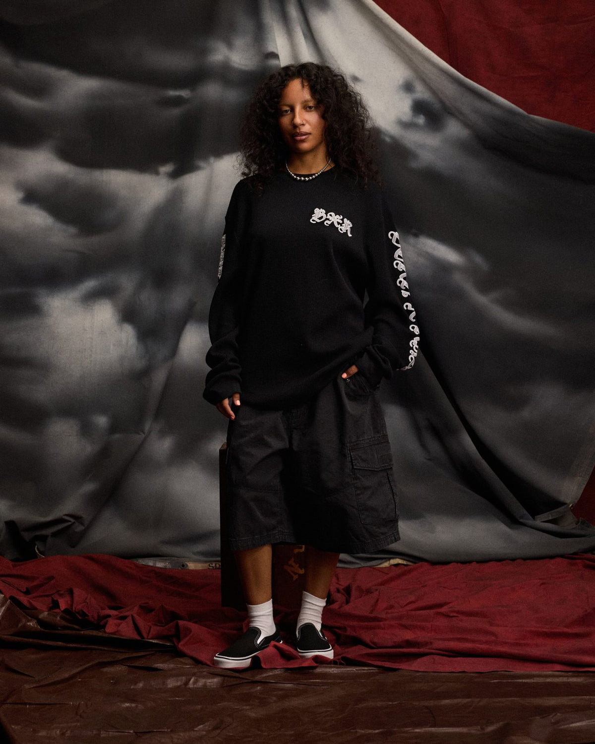 Born X Raised Gothic Embroidered Waffle Thermal – Black