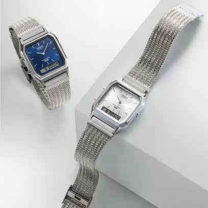 Casio AQ-230EM-2A Watch - Silver/Navy Mesh