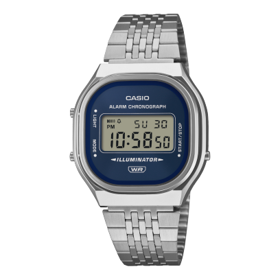Casio Vintage A140WE-2A navy blue sunray dial digital watch on silver stainless steel bracelet