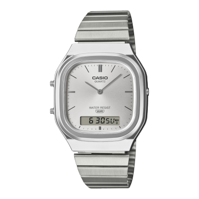 Casio AQ-240E-7A silver sunburst analog-digital watch on stainless steel band