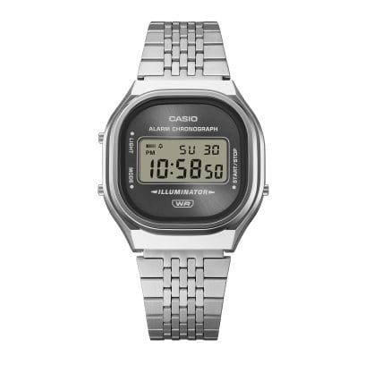 Casio A140WE-8A front view showing grey sunray dial and LCD display
