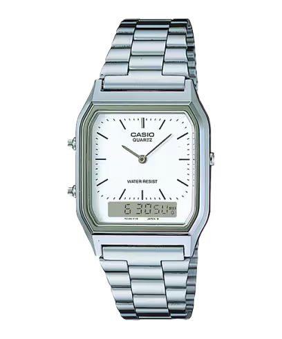 Casio AQ-230A-7DMQY vintage analog-digital watch, white dial, steel bracelet