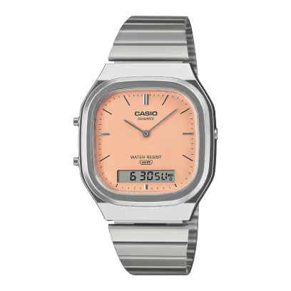 Casio AQ-240E-4A vintage analog-digital watch, peach dial, steel band