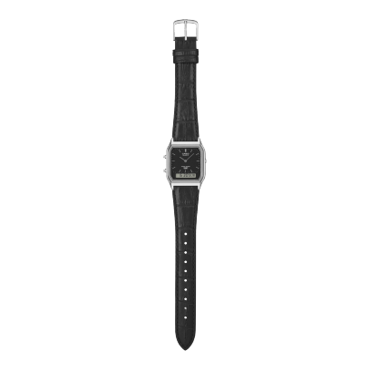 Casio AQ-230EL-1A black dial detail with silver hands and LCD