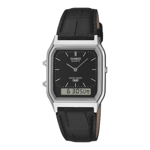 Casio AQ-230EL-1A silver and black analog-digital watch on genuine leather strap