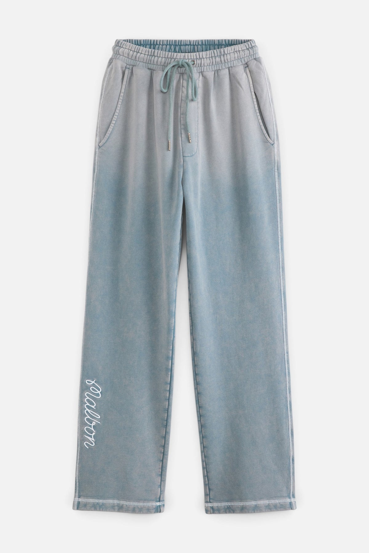 Malbon Golf Fragment Sweatpant in Slate — washed slate blue sweatpant with drawcord waist, side pockets and Malbon script down the leg, Gallery Streetwear Canada