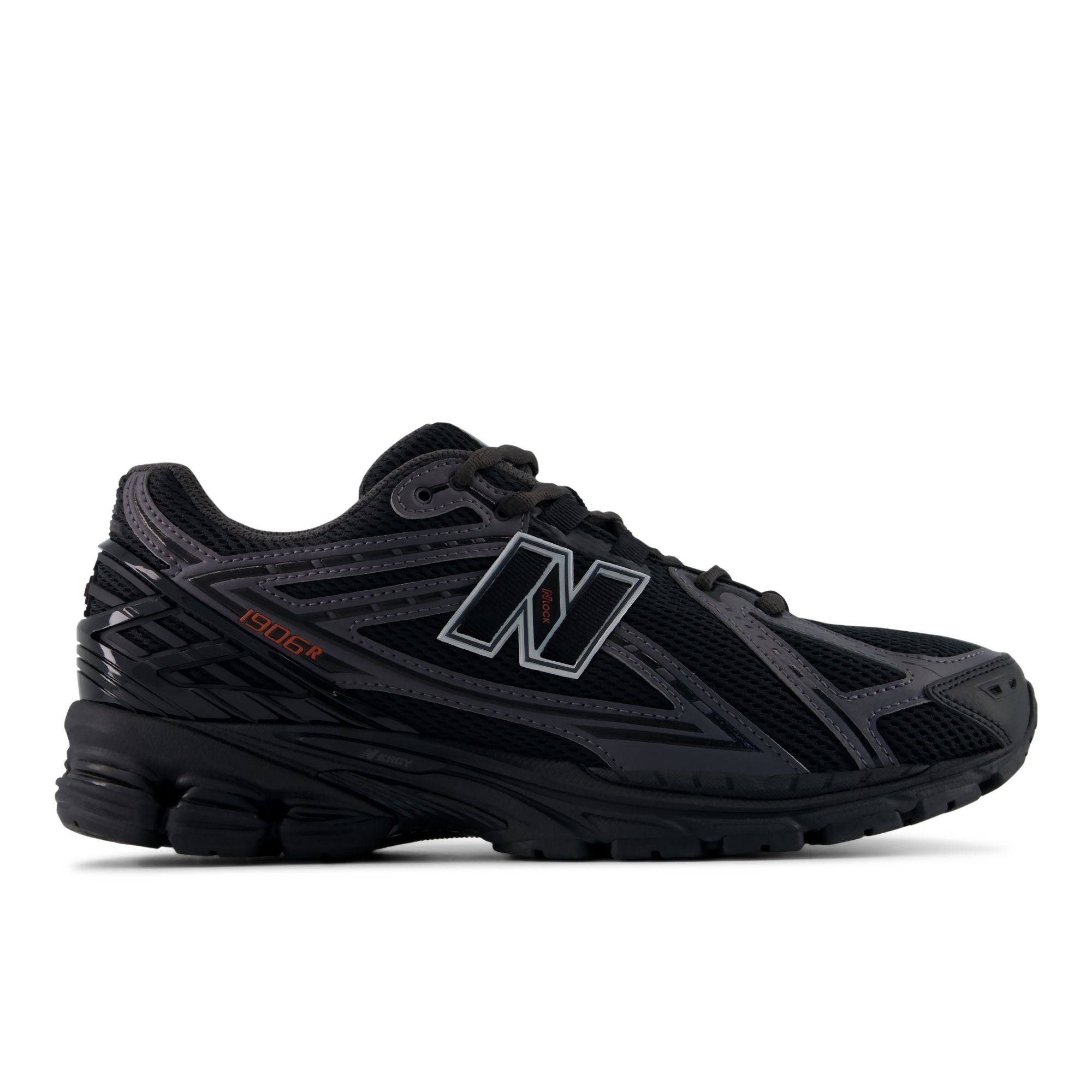 New Balance 1906R Black with Hot Tomato, lateral side profile