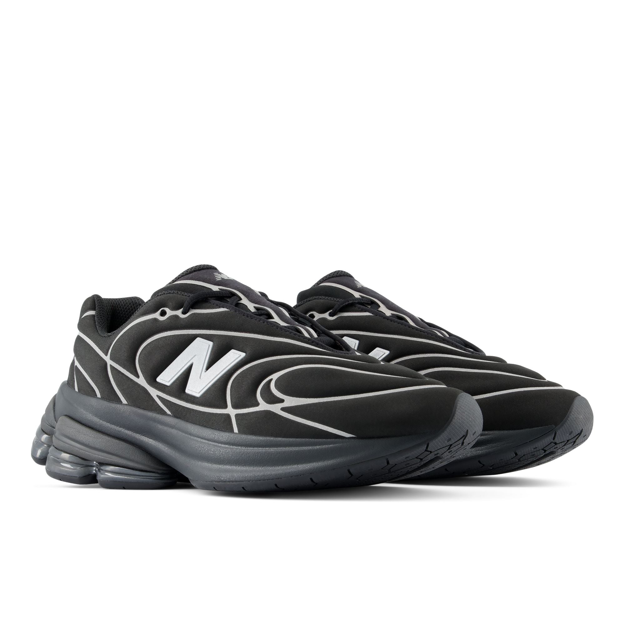 New Balance 5030 Black with Silver Metallic, rear three-quarter view of the pair
