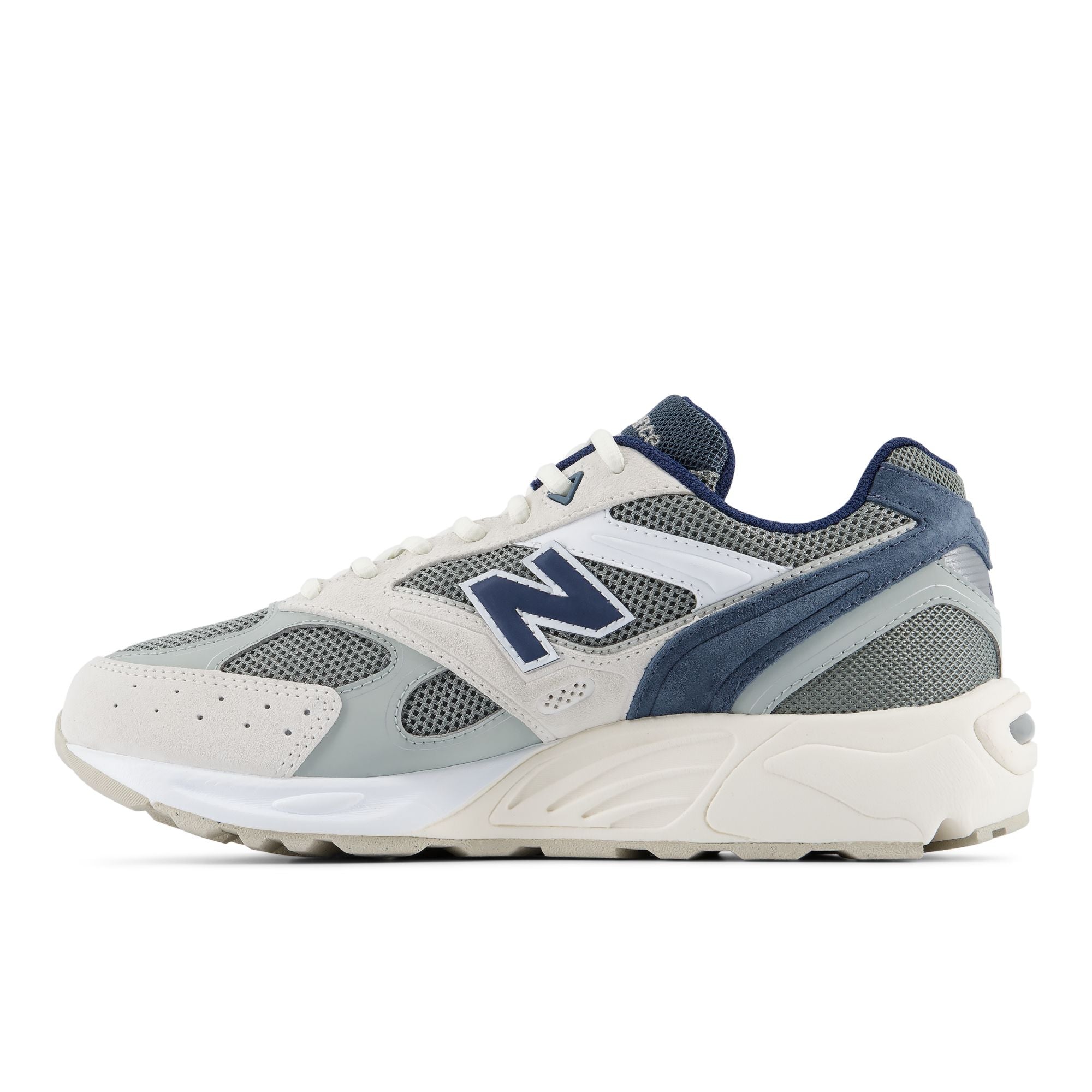 New Balance 880R Sea Salt with Bayberry and NB Navy, rear three-quarter angle