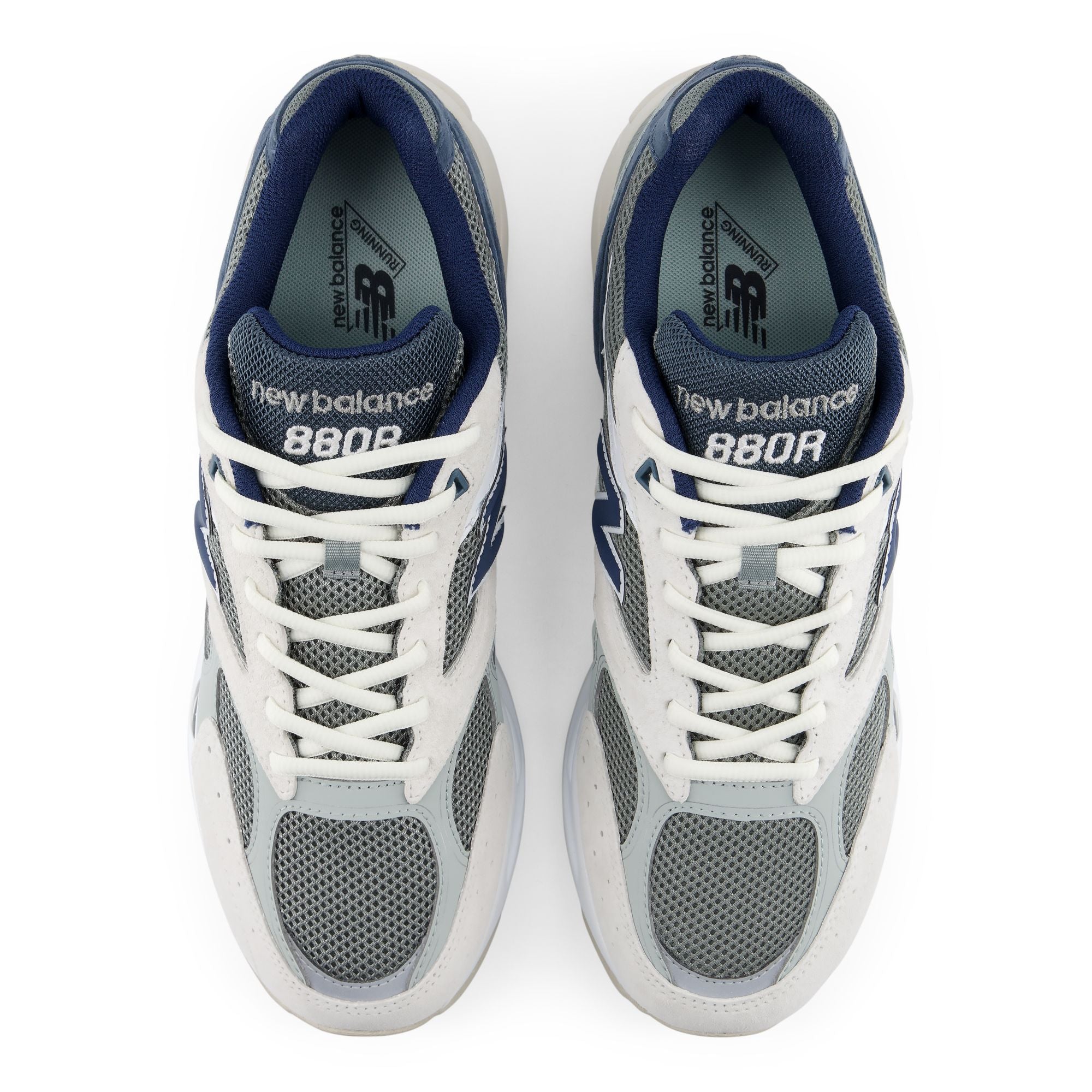New Balance 880R Sea Salt with Bayberry and NB Navy, top-down view of the pair