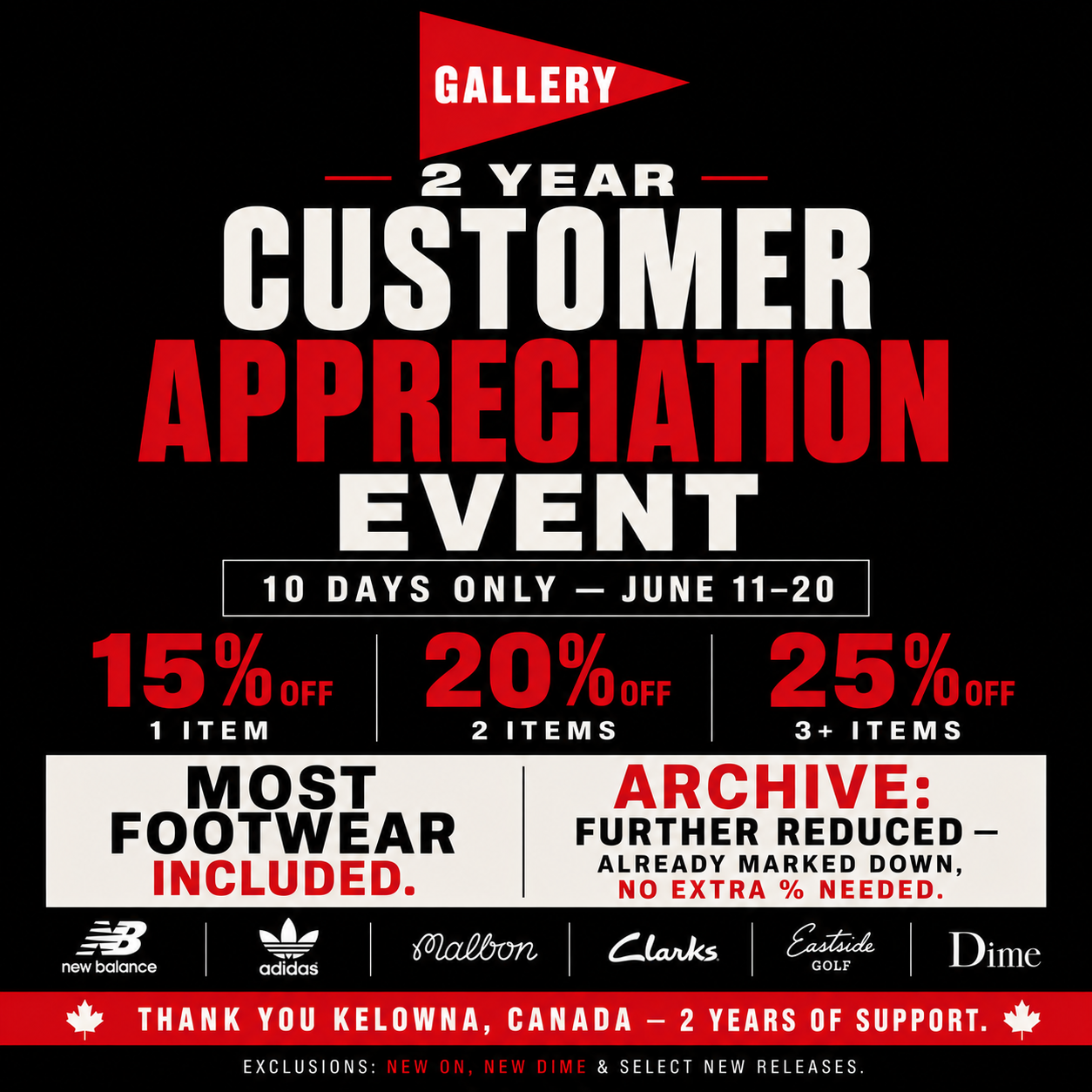 2 Year Customer Appreciation Event — June 11-20, 15% off 1 item, 20% off 2 items, 25% off 3 or more